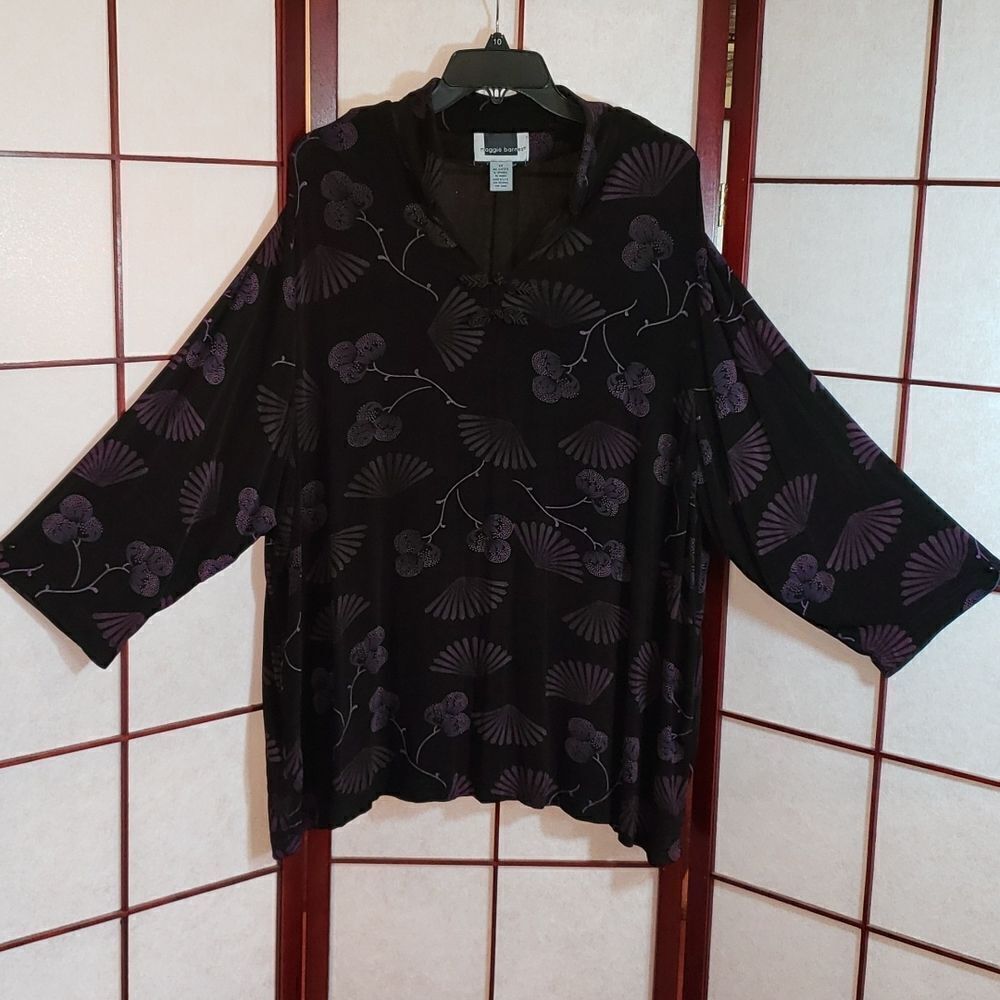 Maggie Barnes Sheer Black Purple Fan/Berries Print Blouse